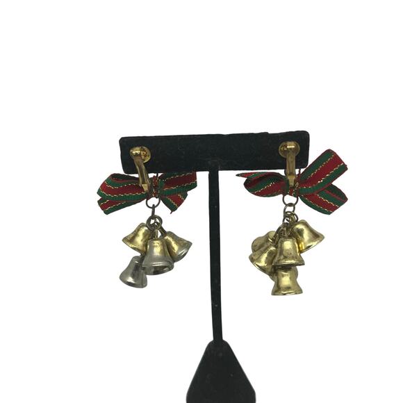 Vintage Christmas Jingle Bell Clip On Earrings Holiday Festive Bow Dangle Retro - Picture 6 of 11